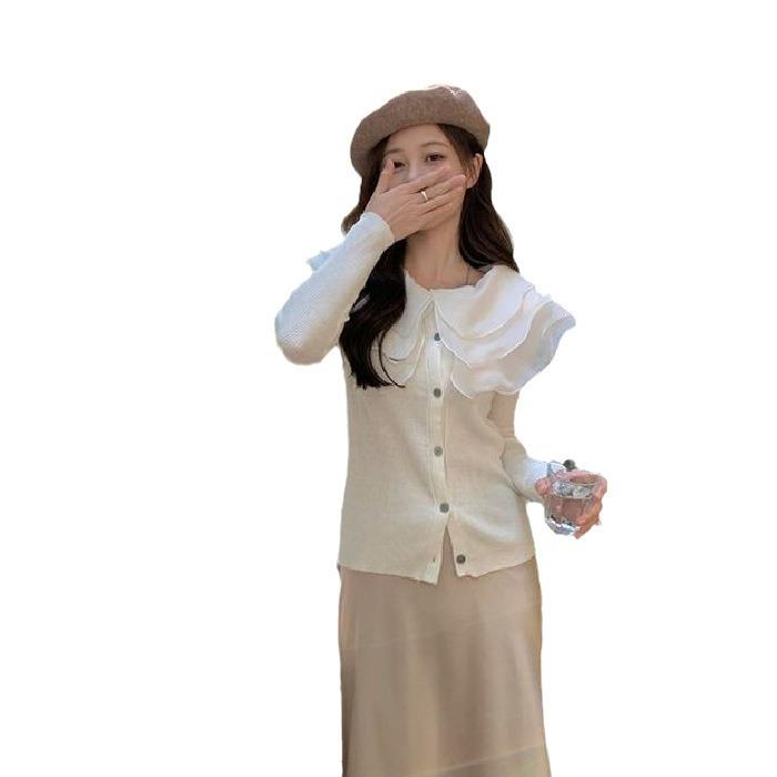 Chic Sweet Women's Knitted Cardigan: Thin Doll Collar, Long Sleeve, Ruffle Trim, Slim-Fit Sweater