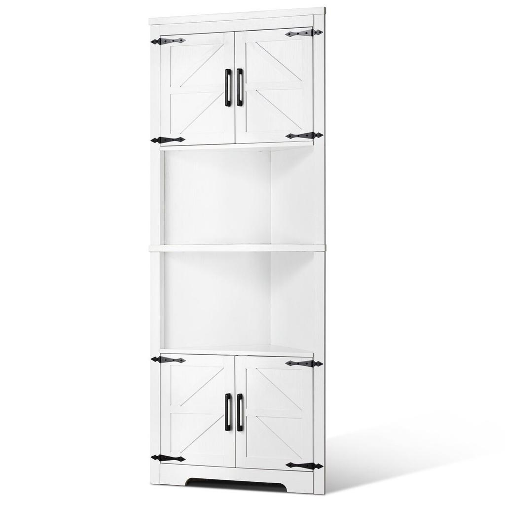 68" Corner Storage Cabinet with 4 Wooden Doors & Adjustable Shelves White