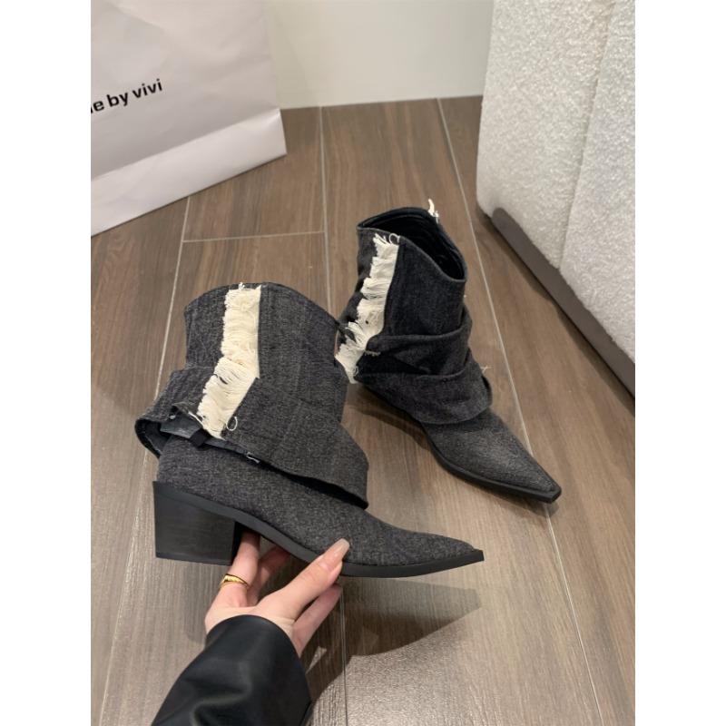 Fashion Cowboy Boot Western Baby Blue High-heeled Pointy Thick Heel Boots Sleeve Short Boots Women Spring and Autumn