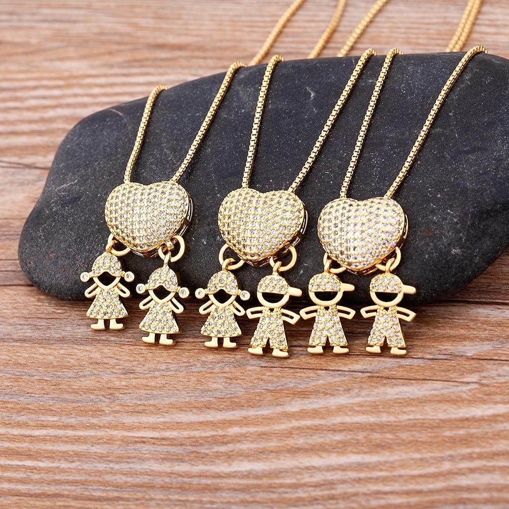 Nidin Fashion Son Daughter Heart Gold Color Family Girl Boy Pendant Necklace Jewelry For Mother Gift