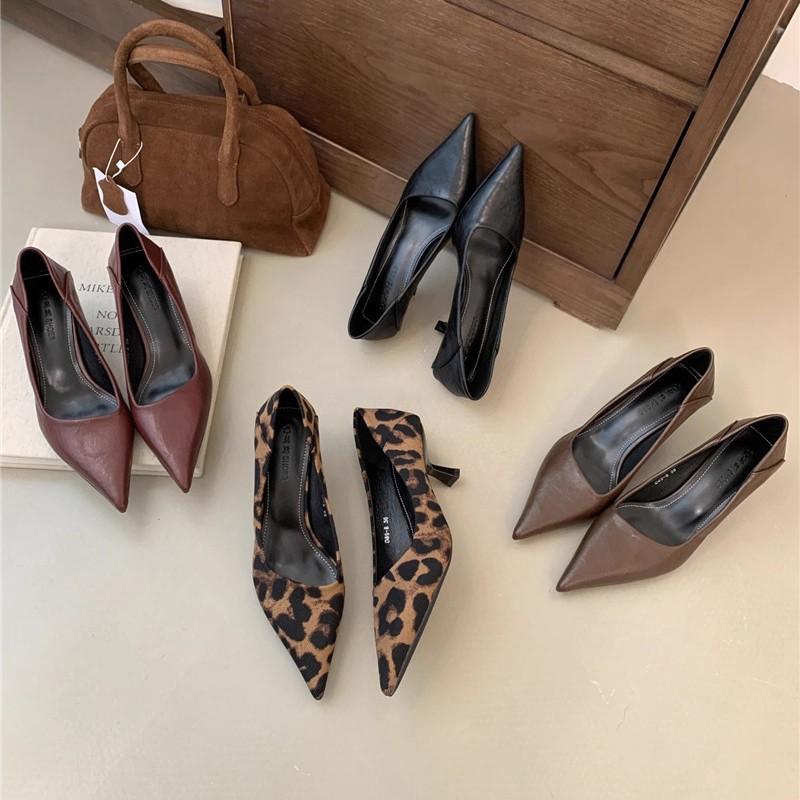 Niche fine heel suede leopard print single shoes women's 2025 spring new Korean version French temperament shallow mouth pointed women's shoes