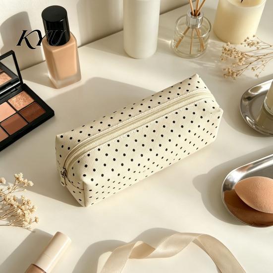 Soft Fabric Art Supply Holder Polka Dot Pencil Case, Stationery Organizer Pouch, Cute Makeup Portable Cosmetic Bag for Women Zipper Closure Pen School
