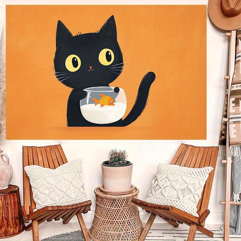 Quirky Black Cat With Fish Tapestry, Playful Orange Background Wall Hanging For Living Room Bedroom Office Home Decor