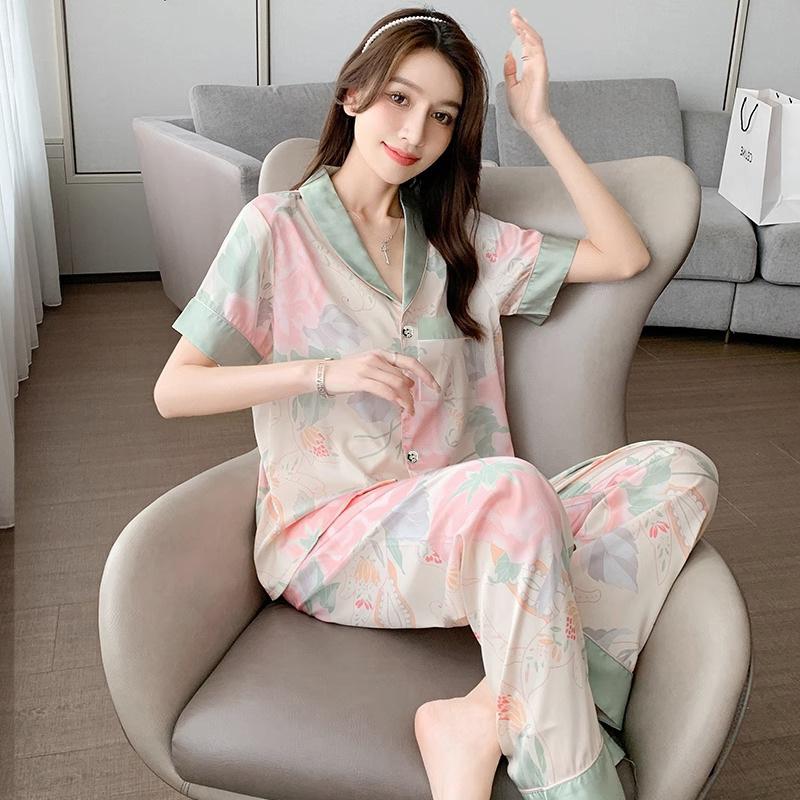 Casual Short-Sleeved Trousers Pajamas Women'S Summer Palace Style Thin Imitation Silk Loungewear
