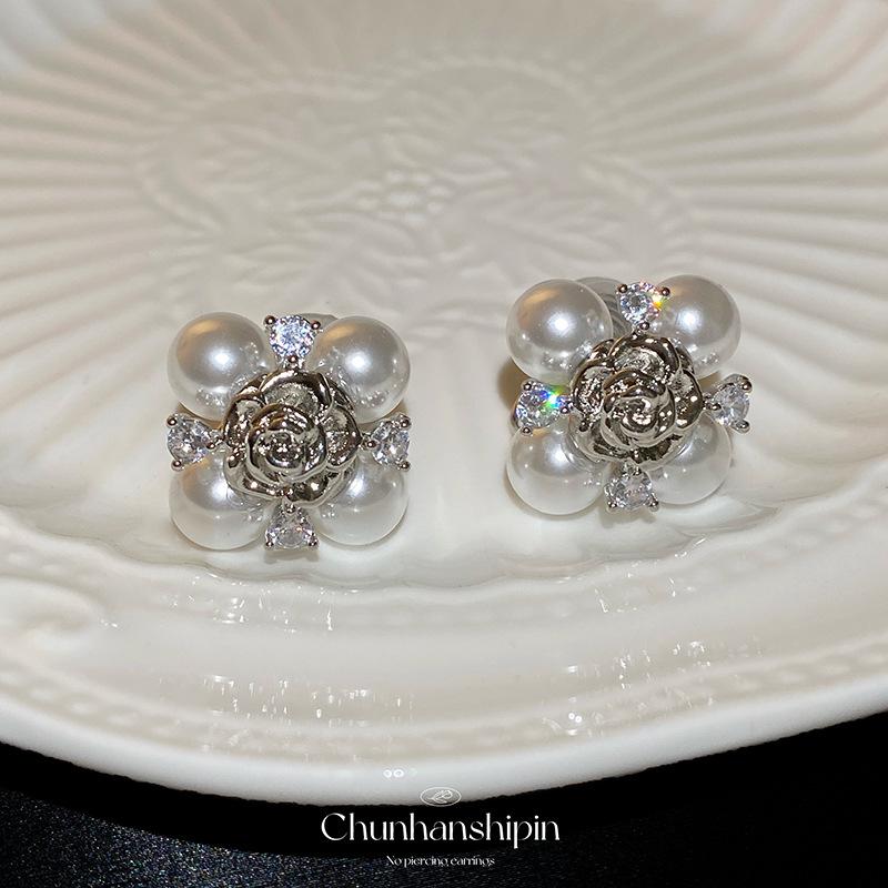 Silver Camellia Pearl Stud Earrings Light Luxury Premium Retro Earrings No Pierced Ear Clips Women's No Hole Mosquito Coil Disc