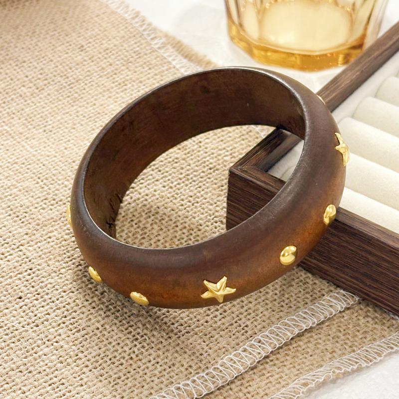 Vintage Ethnische Holzarmspange für Damen Punk Geometrisch Nietenperlen Breite Armreifen Übertriebener Handschmuck