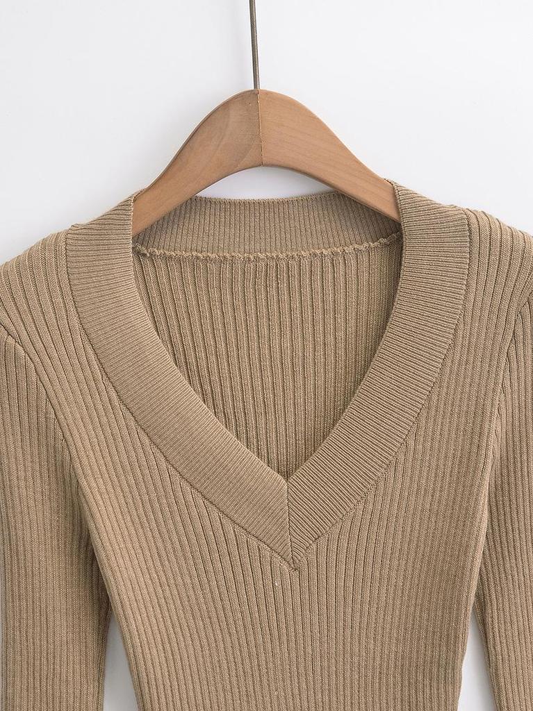 Spicy Girl Deep V-neck Slit Cuff Sweater: Women's 2024 Slimming Autumn Top
