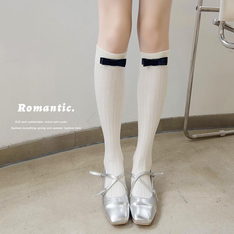 

Women s Spring and Summer Solid Color Vertical Stripe Thin Bow Ballet Style Long Leg Socks 1 pair бежевий