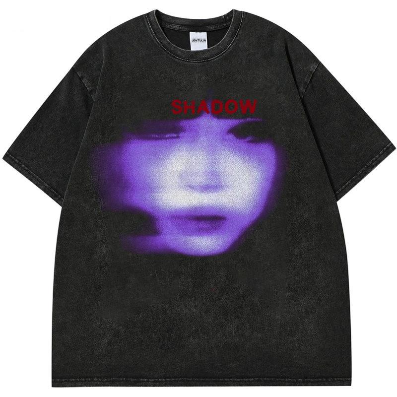 

Готическая женская футболка Harajuku унисекс с потертостями черного цвета в уличном стиле Face A M фиолетовый