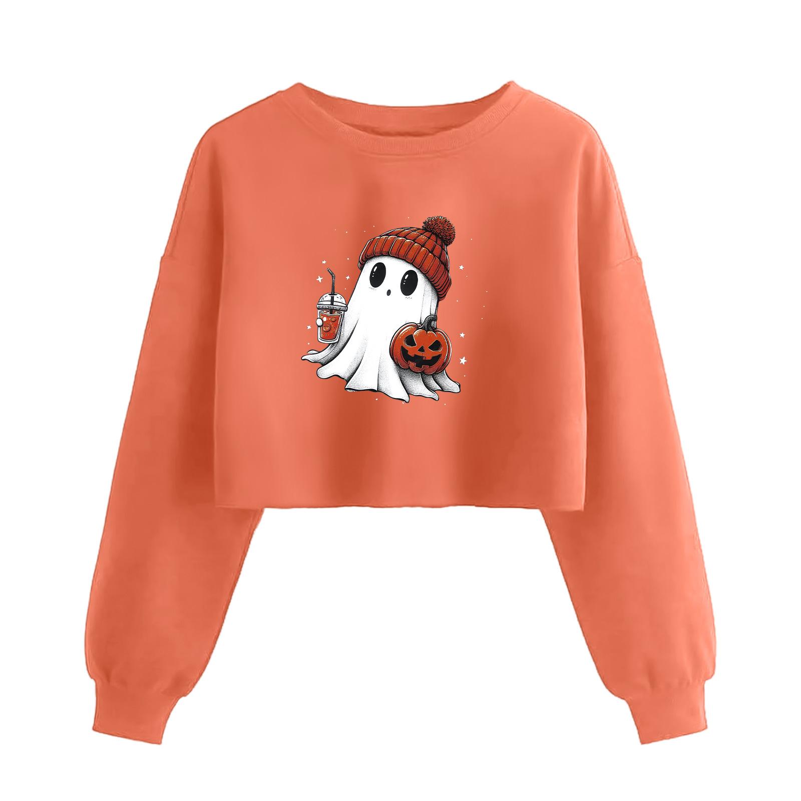 

Женский модный пуловер с длинным рукавом и принтом на Хэллоуин, открывающий живот S шафрановый