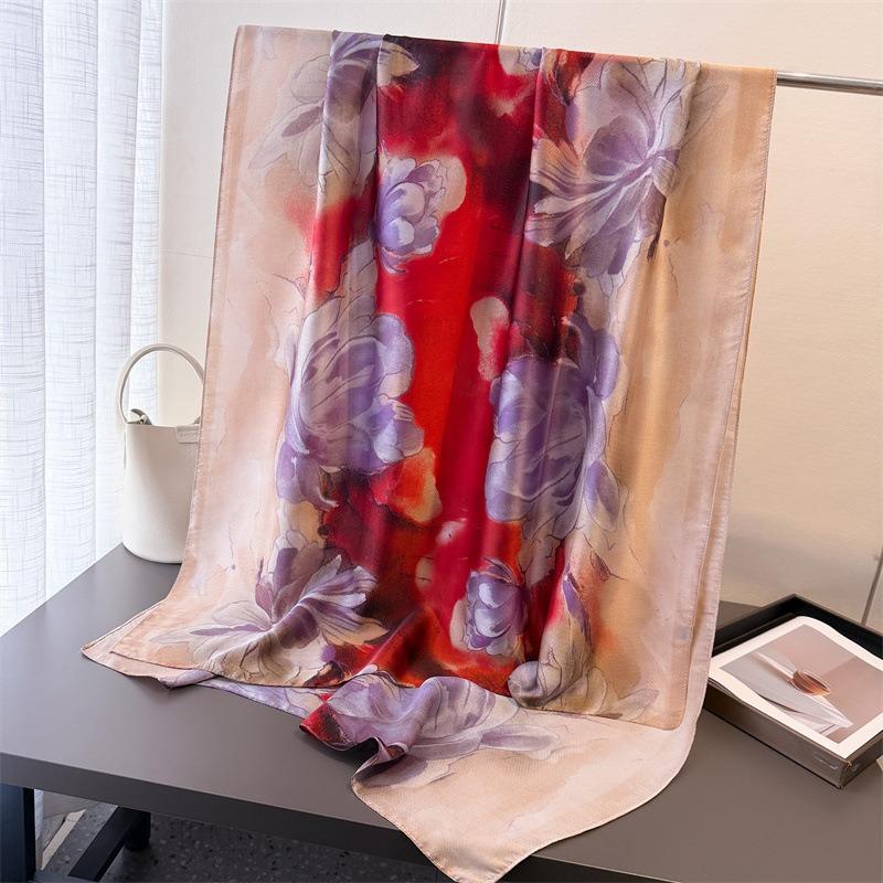 Spring and summer thin printing simulation silk brocade sunscreen contrasting flower silk scarf long scarf shawl versatile headscarf scarf
