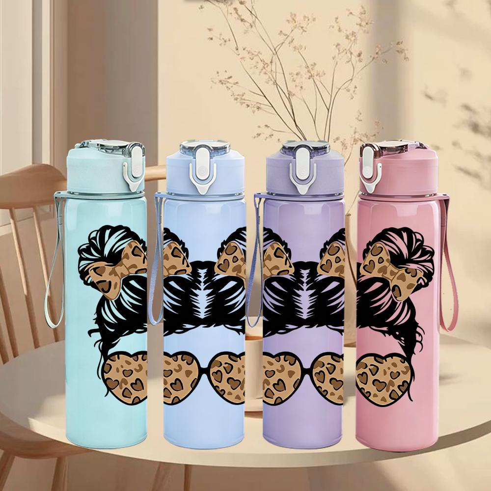 1PC Leopard Space Bun Sunglasses Graphic,750ml Color Plastic Sports Water Bottle,Leakproof Flip Straw Lid,Suitable for Sports Office Home Use
