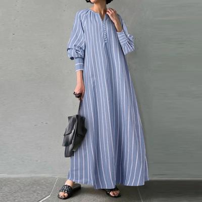 O-Neck Buttons Half Placket Baggy Dress Long Sleeves Pockets Ankle Length Women Striped