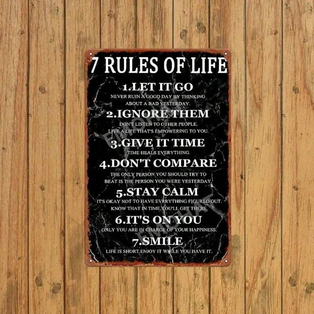 Metal Sign Seven Life Rules 16x12 Inch Vintage Tin Plaque Wall Art Decor Home Office Man Cave