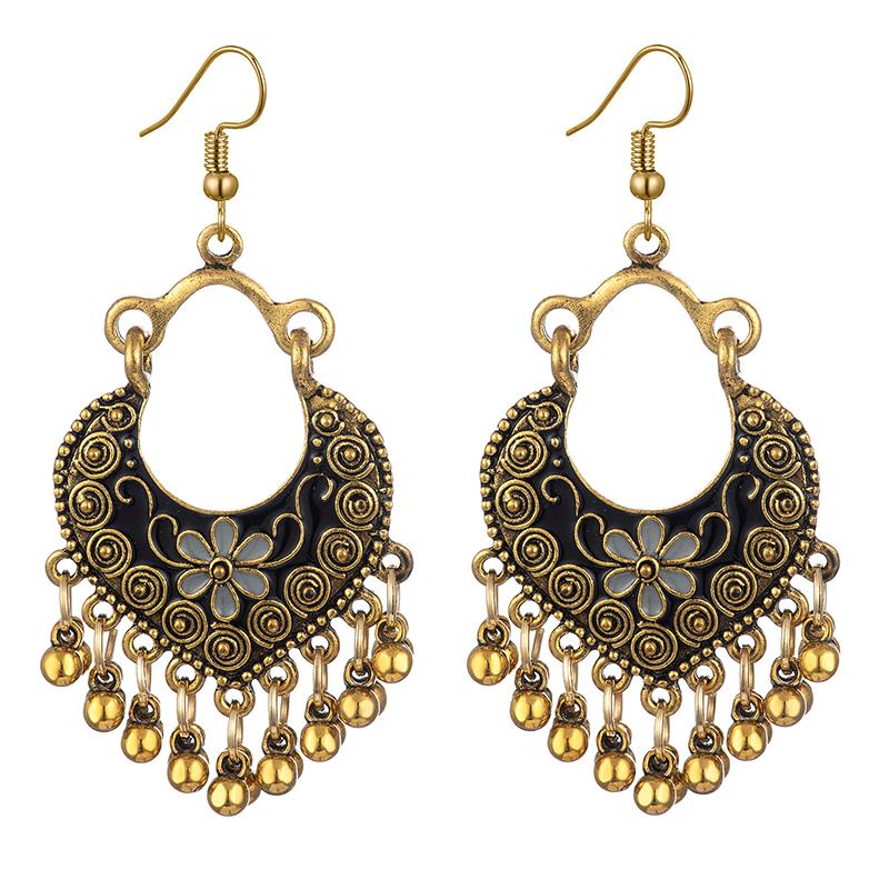 

Boho Ethnic Vintage Drop Tassel Dangle Earrings For Women Carved Flower Enamel Geometric Antique Gold Color Female Zircon Gift чорний