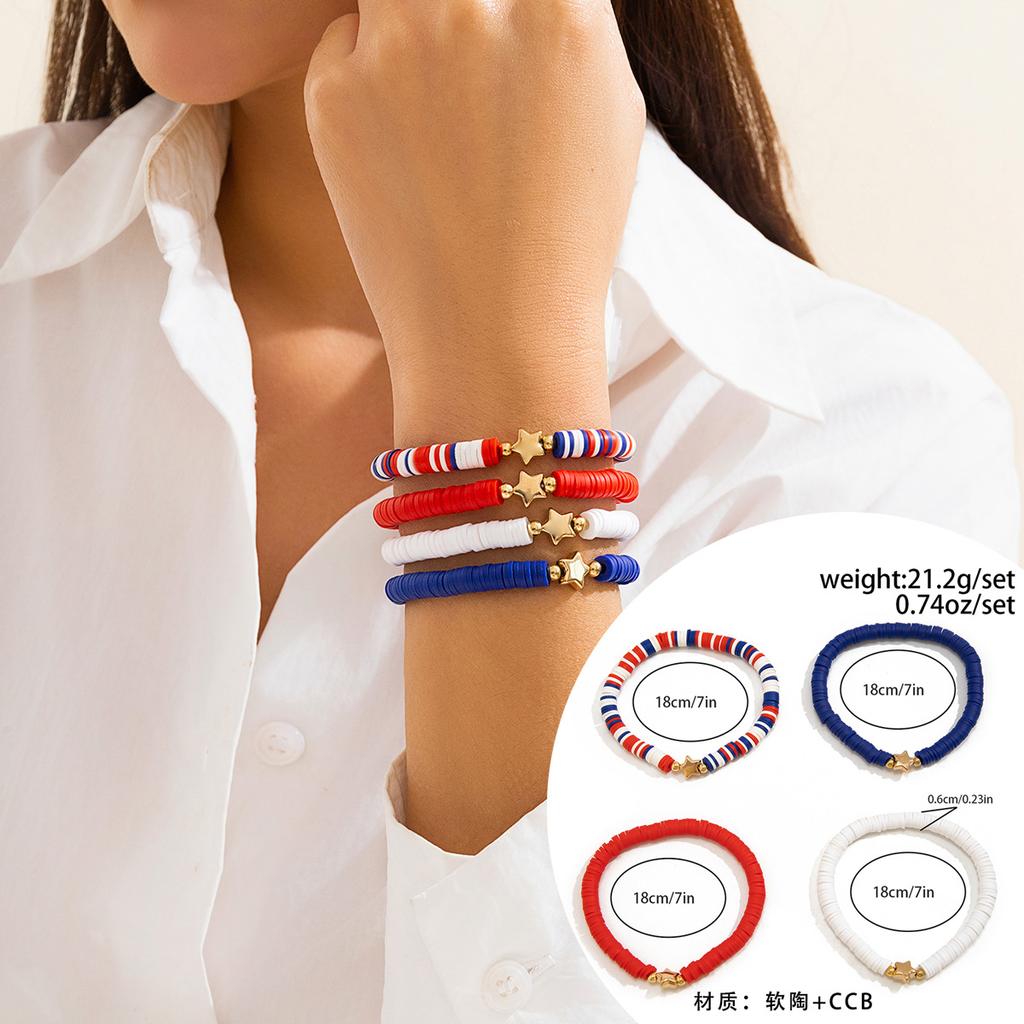 Independence Day Color Soft Pottery Beaded Letter Bracelet Set Elastic Star Banner Contrasting Color Hand Jewelry Women's