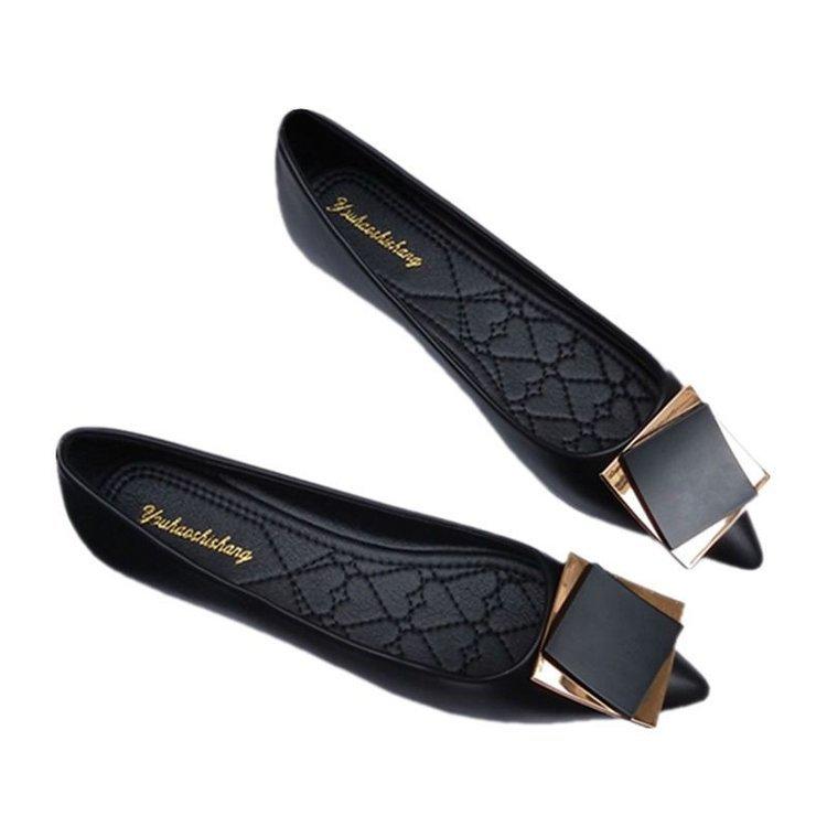 Spring and summer high heels women's medium heel single shoes soft leather pointed metal buckle fashion work girls shoes
