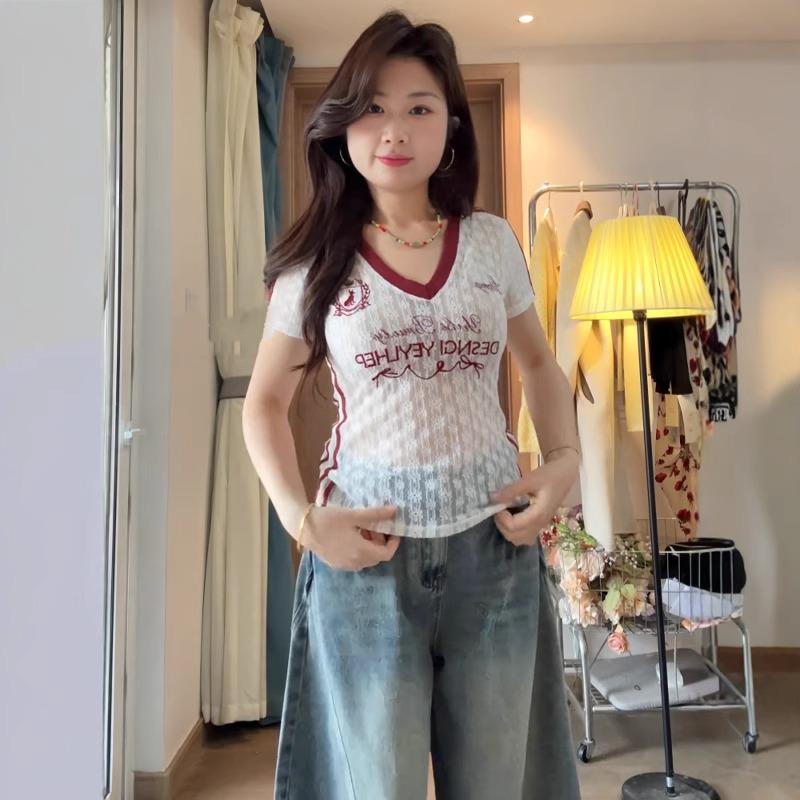 

American Sheer V-Neck Color-Block Short-Sleeve Slim-Fit Summer T-Shirt for Women XL Premium белый