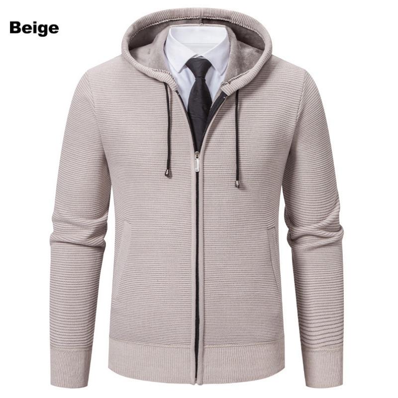 Men S Solid Color Hooded Fleece Knit Cardigan Autumn Winter Casual Coat