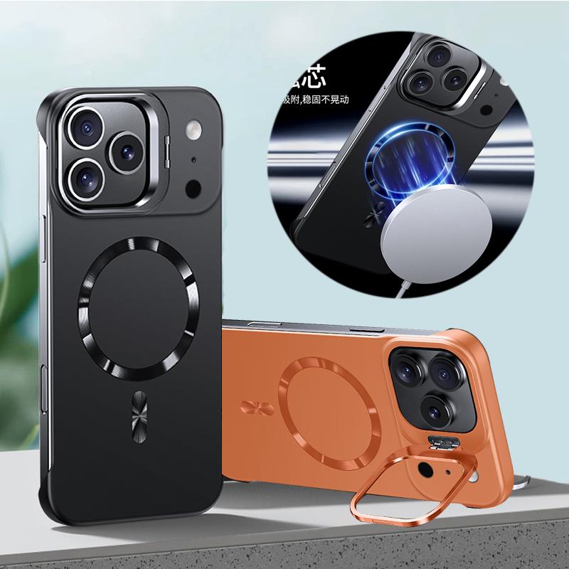 For Magsafe Magnetic Wireless Charging Case For iphone 17 Pro Max Frameless Metal Lens Stand Holder Shockproof Back Cover