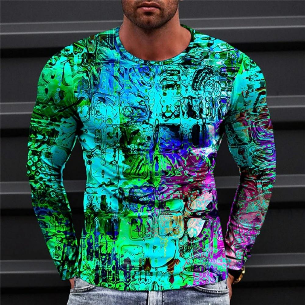 Man's Optical Illusion T-Shirt Round Neck Long Sleeve T Shirt Man Oversized T-Shirt Summer O-Neck Clothing Pullover Man Clothes