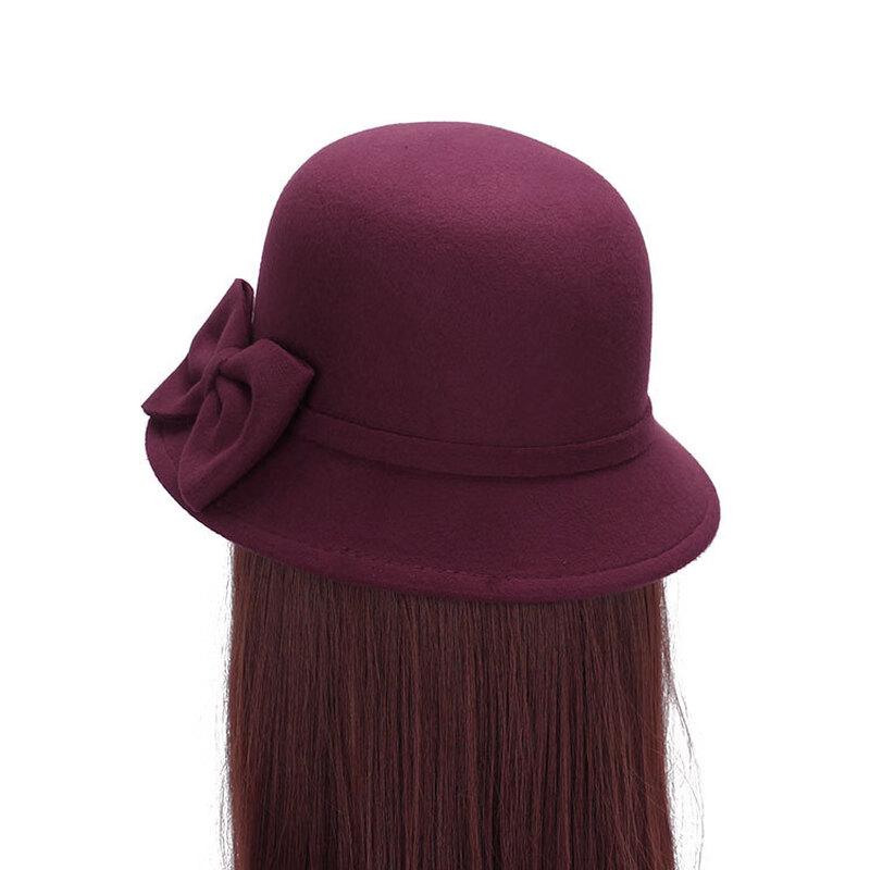 Women's Korean Style Double Bowknot Wool Felt Basin Hat