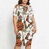Women Plus Size Round Neck Short Sleeve Halloween Raccoon Pumpkin Printed Asymmetric Top Fitted Skirt Two Piece Set