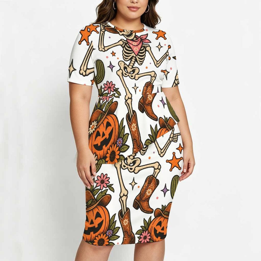 Women Plus Size Round Neck Short Sleeve Halloween Raccoon Pumpkin Printed Asymmetric Top Fitted Skirt Two Piece Set