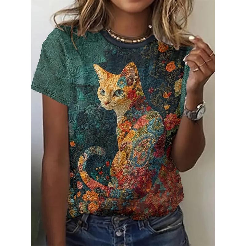 

Летний топ с круглым вырезом и принтом 3D Cat, модные повседневные женские футболки с короткими рукавами 6XL
