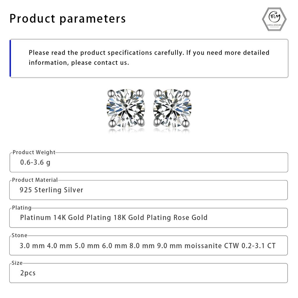 3mm-9 mm Women's High Quality S925 Moissanite Fine Jewelry Hiphop Stud Earrings with Cut Platinum Plated GRA Certified ME0031
