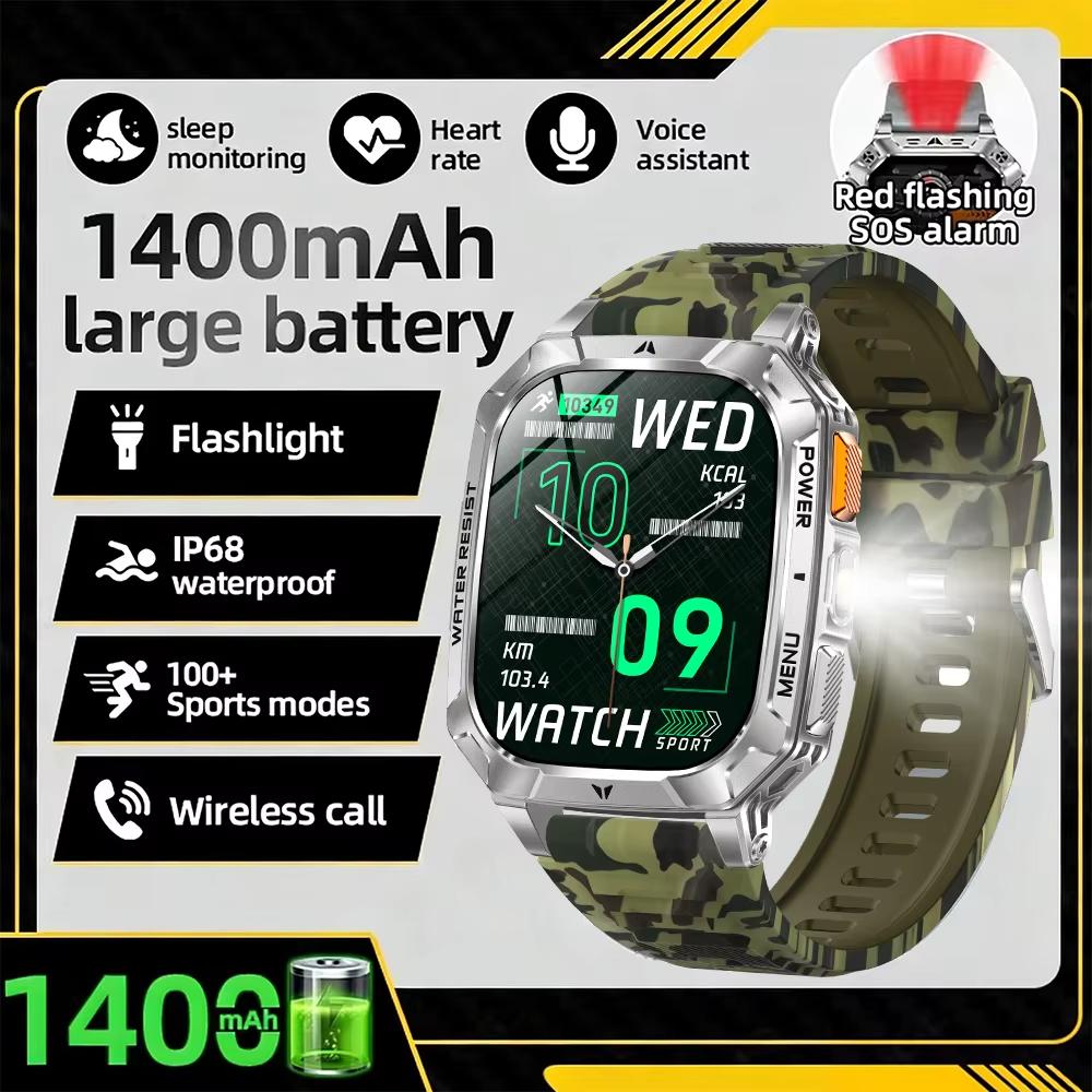 For Android iOS Watch Smart Call Sports Monitor Health Flashlight Waterproof IP68 Men Smartwatch Military Battery 1400 mAh New