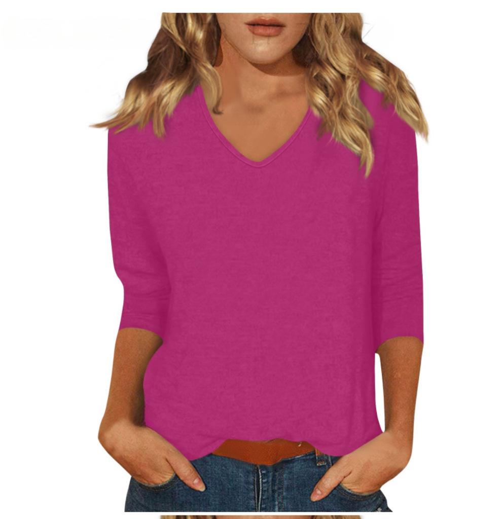 Women's Daily Versatile Casual V-Neck Solid Color Seven-Sleeve T-Shirt Top