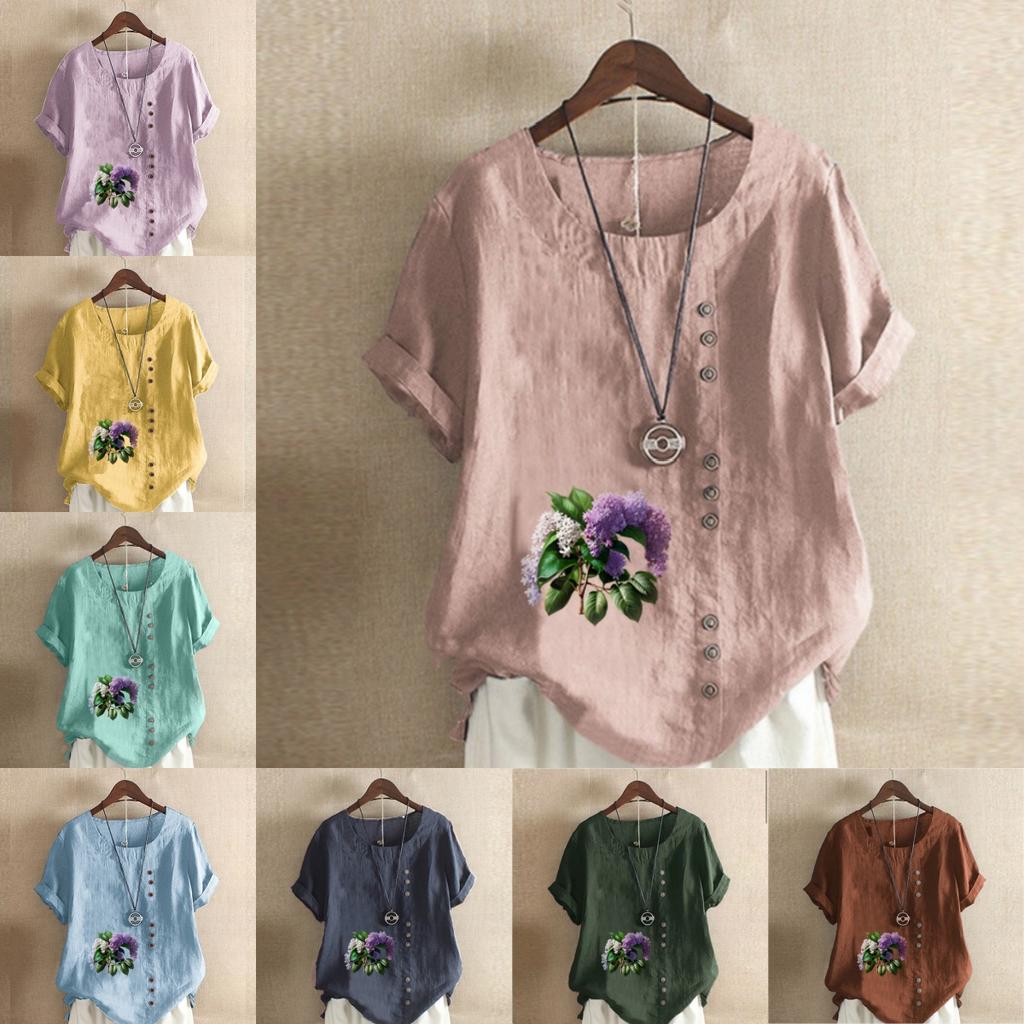 Moda feminina Lavanda Estampa Manga Curta Camiseta Solta Algodão Camisa Casual Solta Blusa de Verão Tops Plus Size