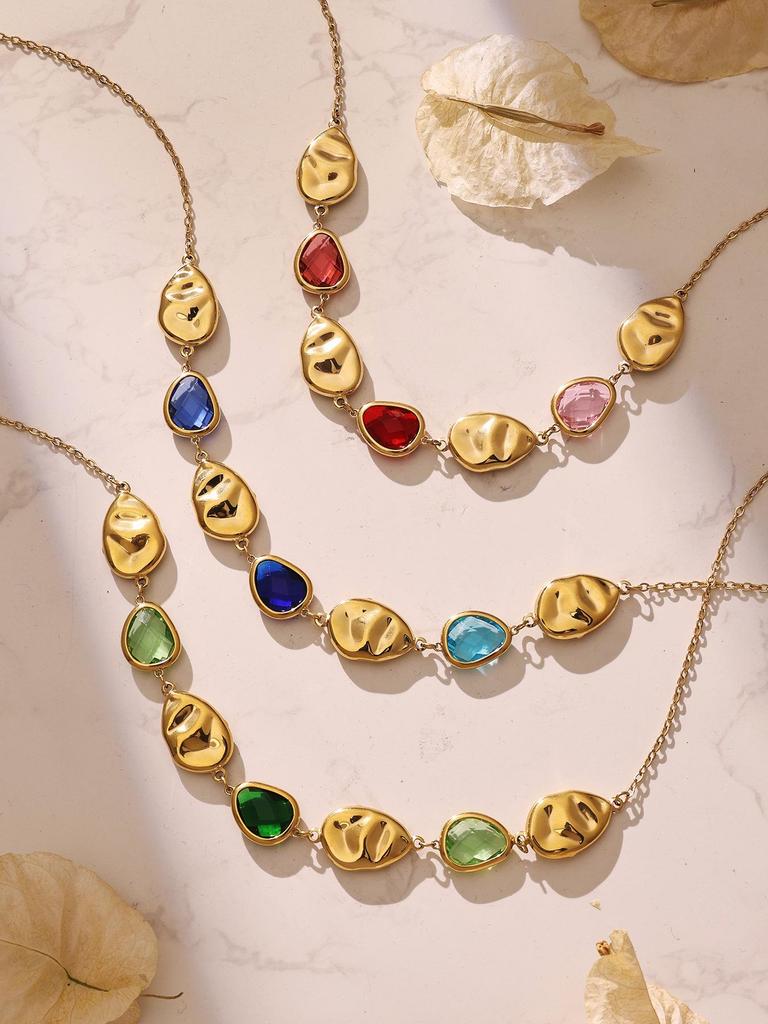 Elegant Multi-Faceted Glass Stone Clavicle Necklace - Transparent Water Drop Design, Light Luxury Style, Stainless Steel