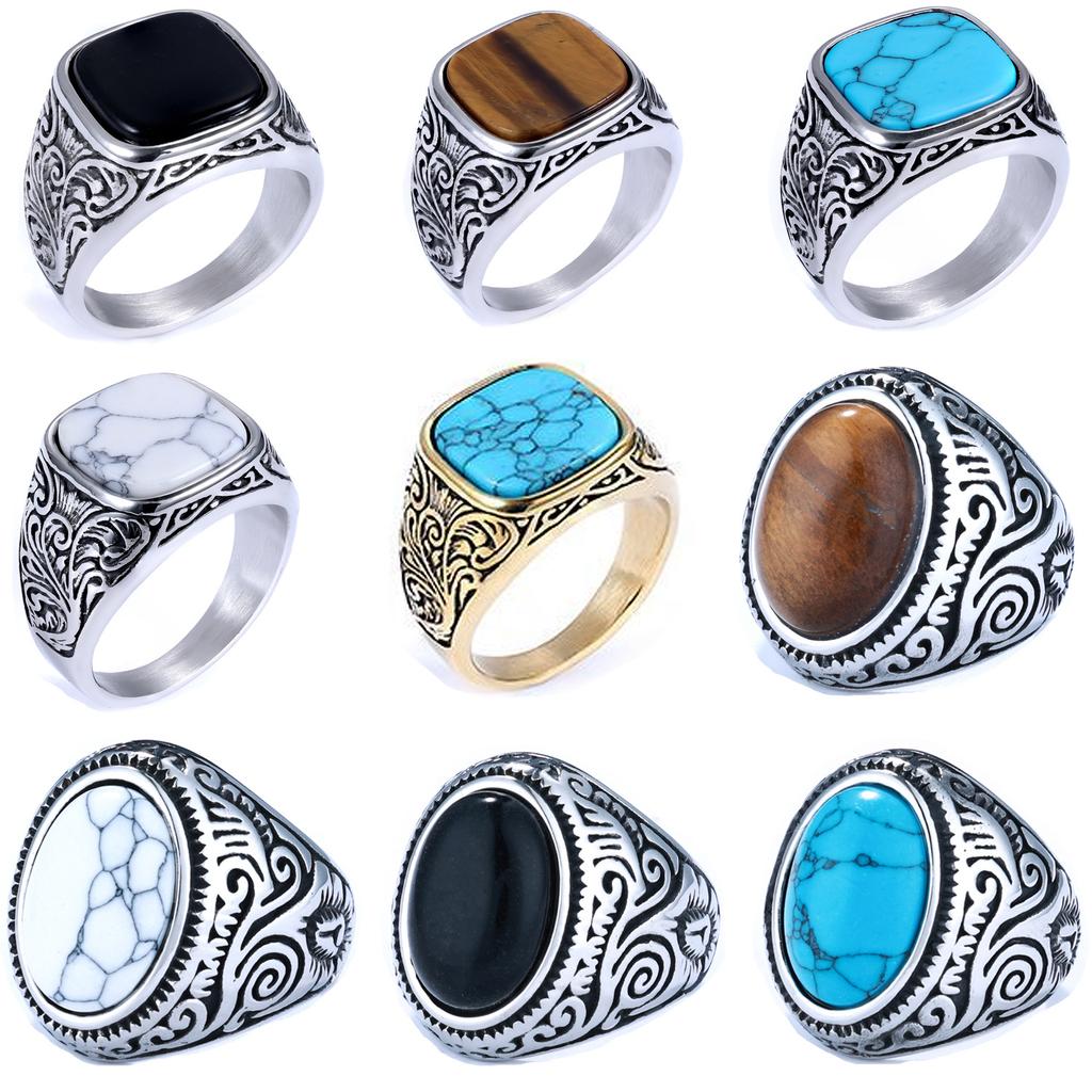Unisex Square Turquoise Carved Minimalist Ring