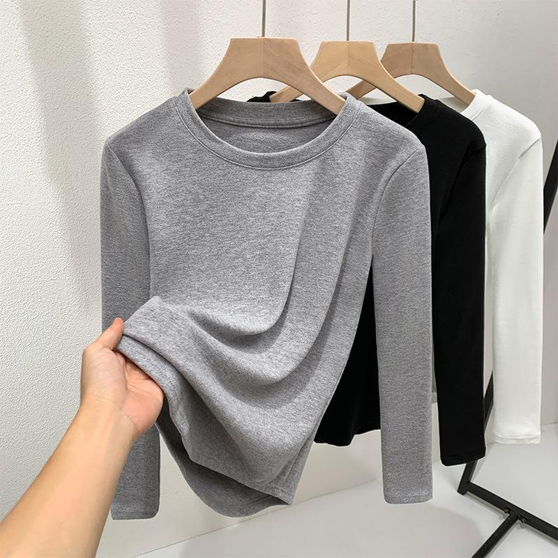 

German velvet bottoming shirt women s 2025 new women s clothing front shoulder round neck long-sleeved T-shirt warm inside with waist thickened top XL светло-серый