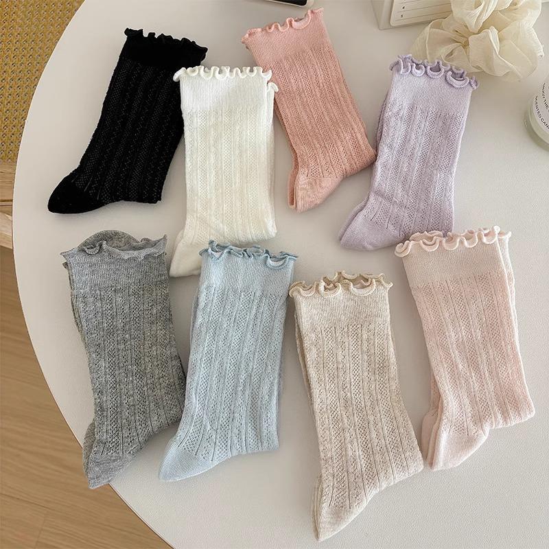 Women's White Mid-Calf Cotton Mesh Slouch Socks with Wood Ear Edge – Breathable, Thin, Summer Style