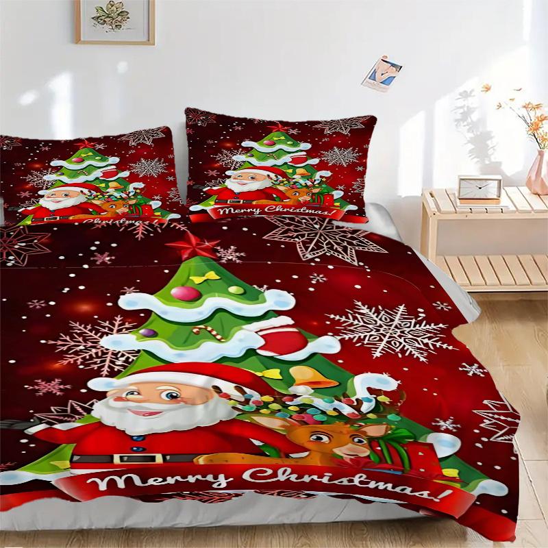 3pcs Merry Christmas! Santa Claus & Reindeer Bedding Set, Includes 1 Quilt Cover and 2 Pillowcases (No Core), Festive Gift for Bedroom