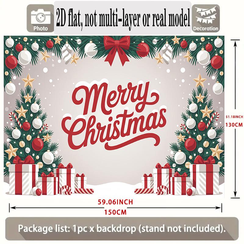 Party Banner Pine Tree Ornaments Bows Christmas Backdrop, Polyester Wall Decor for Celebration & Photos