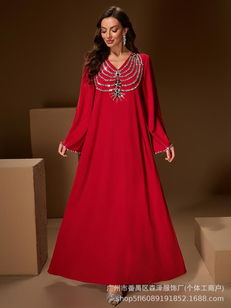 Elegant Rhinestone Long Sleeve V Neck Evening Gown