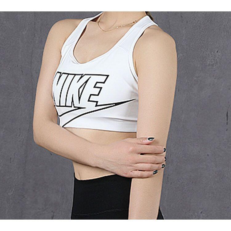 Nike Swoosh Dri-FIT Medium Support One-Piece Padded Polyester Letter Vintage Sports U-Neck Tight Sports Bra Women Sports Bra White BV3644-100