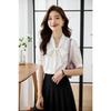 Women Bow Tie Satin Blouse V Neck Short Sleeve Office Wear Solid Color Shirt