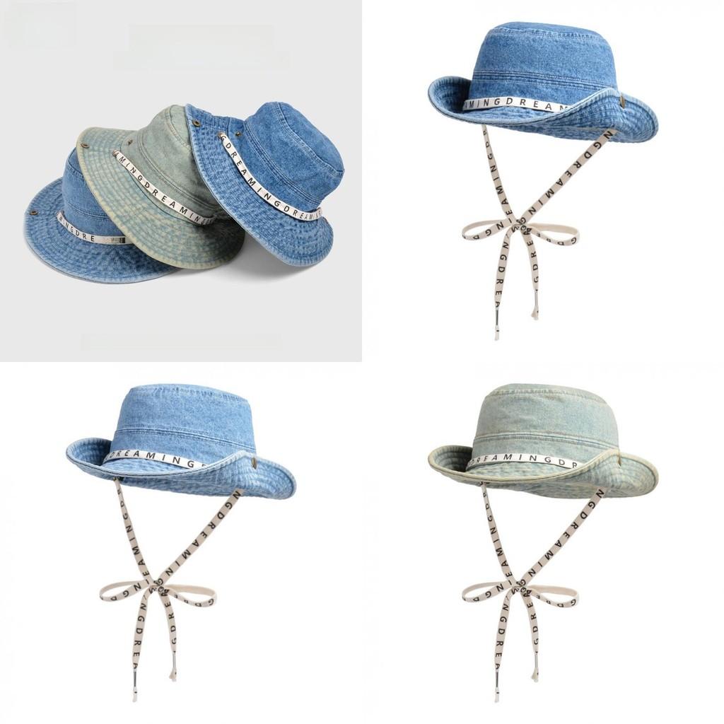 Summer Fashion Letter Strap Wide Brim Denim Fisherman Hat With Sun Protection For Women