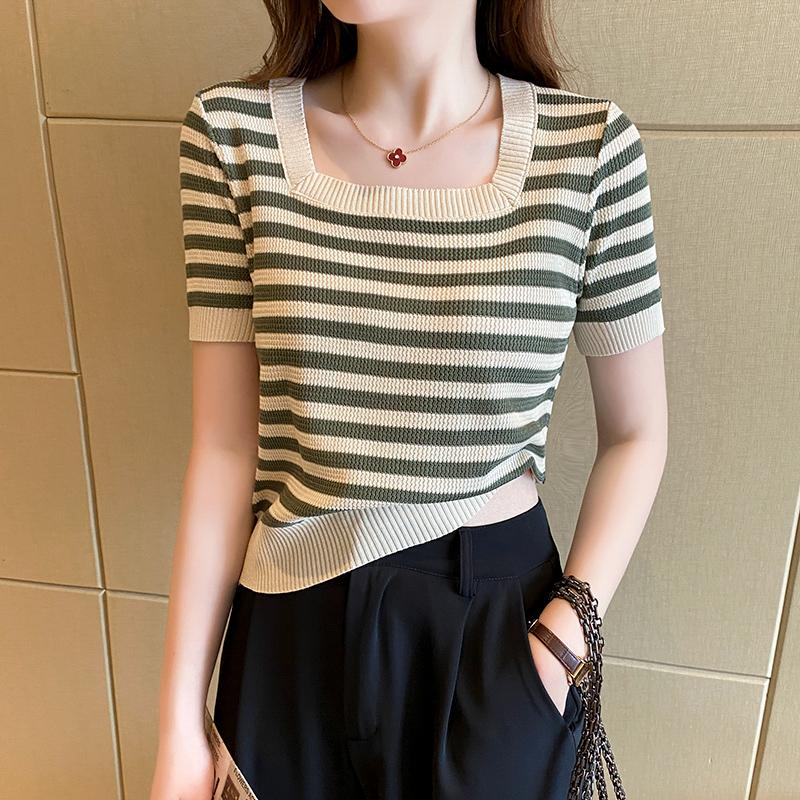 Sommer Kurzarm Gestreiftes T-Shirt Damen Gestrickte Hemden Pullover Tops Weiblich Elastisch Lässig Strick-T-Shirt Damen T-Shirts Crop Tops