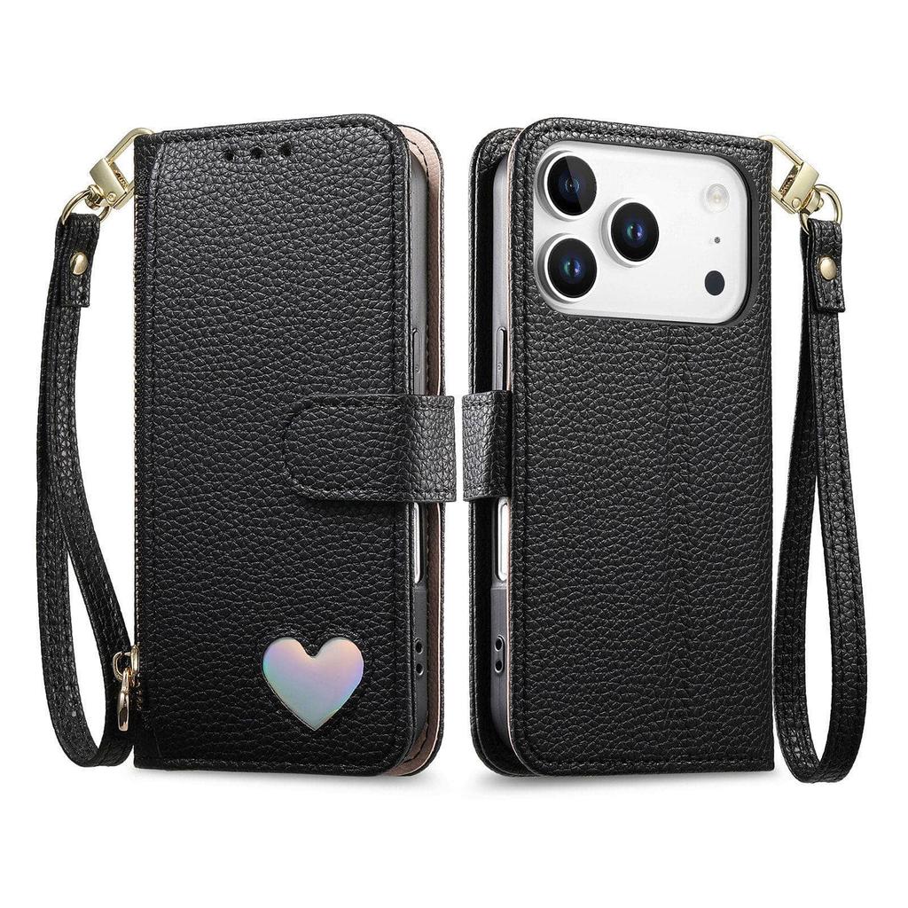 For iPhone 17 16 15 14 13 12 Pro Max PU Leather Wallet Case Zipper Pocket Card Holder 3 Card Slots Wrist Strap Kickstand Case
