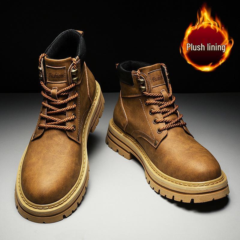 Men's Winter High-Top Genuine Leather Retro Martin Boots with Velvet Lining, British Style, Yellow