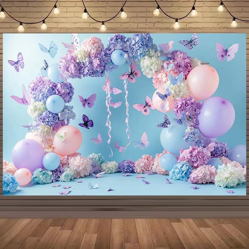 2D Soft Blue and Pink Butterfly Garden Background Cloth Photo Booth Prop