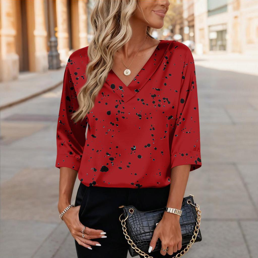 Womens 3/4 Length Sleeves Shirts V-Neck Satin Loose Dressy Trendy T-Shirt Pullover Blouse Tops
