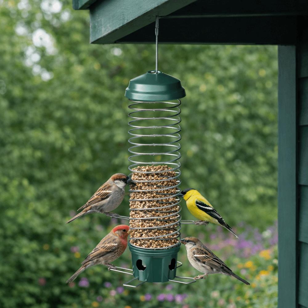 Squirrel Proof Spiral Coil Bird Feeder Metal Bite Resistant Hanging Hummingbird Feeder Heavy Duty Bird Feeder Tray