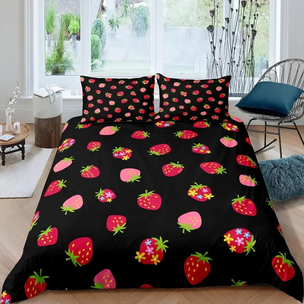 Strawberry Duvet Cover Set Girl King Size Comforter Cover Set Red Strawberry Bedding Set Food Fruit Quilt Cover for Kids Gift